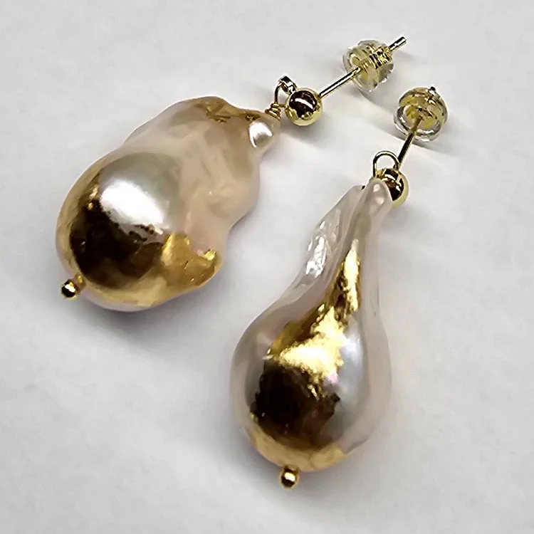 Rose quartz earrings-LUSTROUS PEARL EARRINGS GOLD