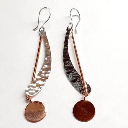 Hollow hoop earrings-EARRINGS STERLING SILVER LONG HAMMERED COPPER DISCS