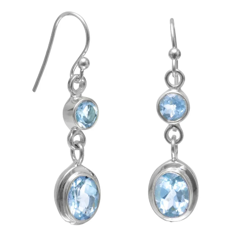 Mixed metal earrings-Blue Topaz Round and Oval Drop Sterling Silver Earrings