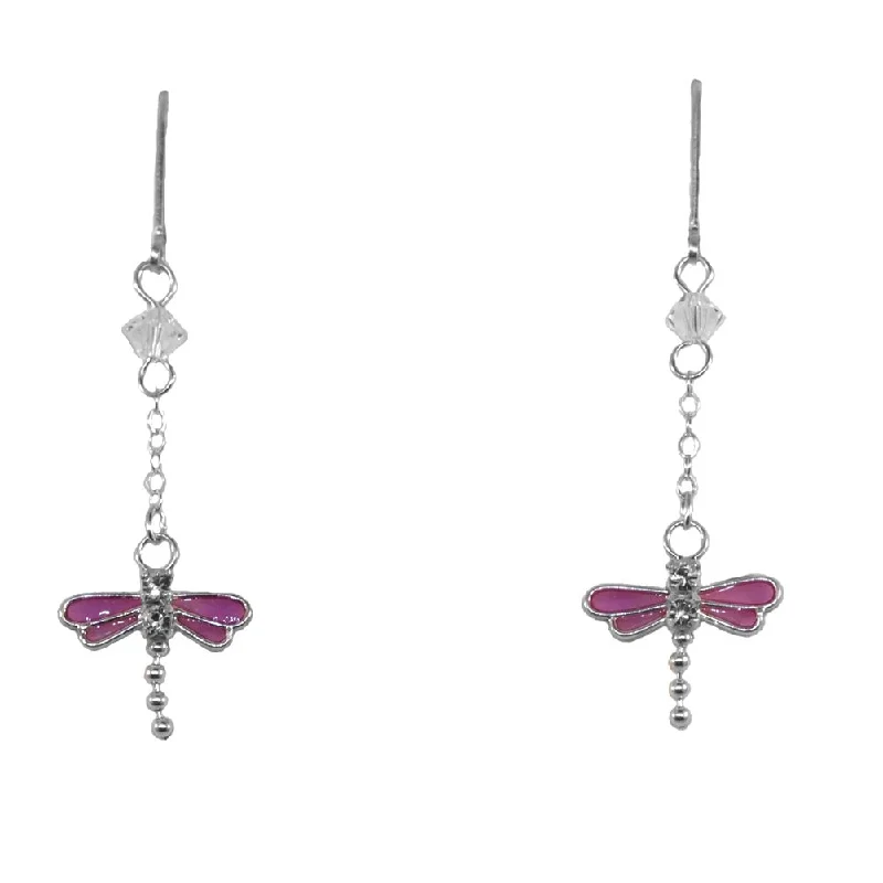 Celestial drop earrings-Purple Dragonfly Dangle Earrings made with Crystals