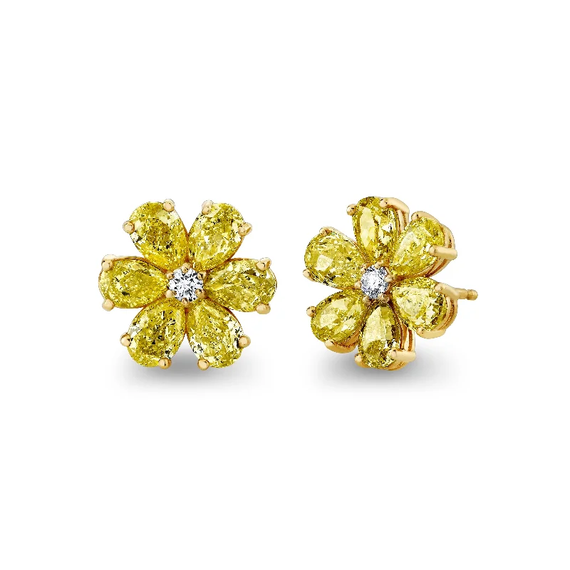 Shell charm earrings-Fancy Yellow Diamond Flower Earrings