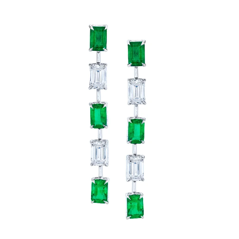 Drop crystal earrings-Green Emeralds and Emerald-cut Diamond Earrings