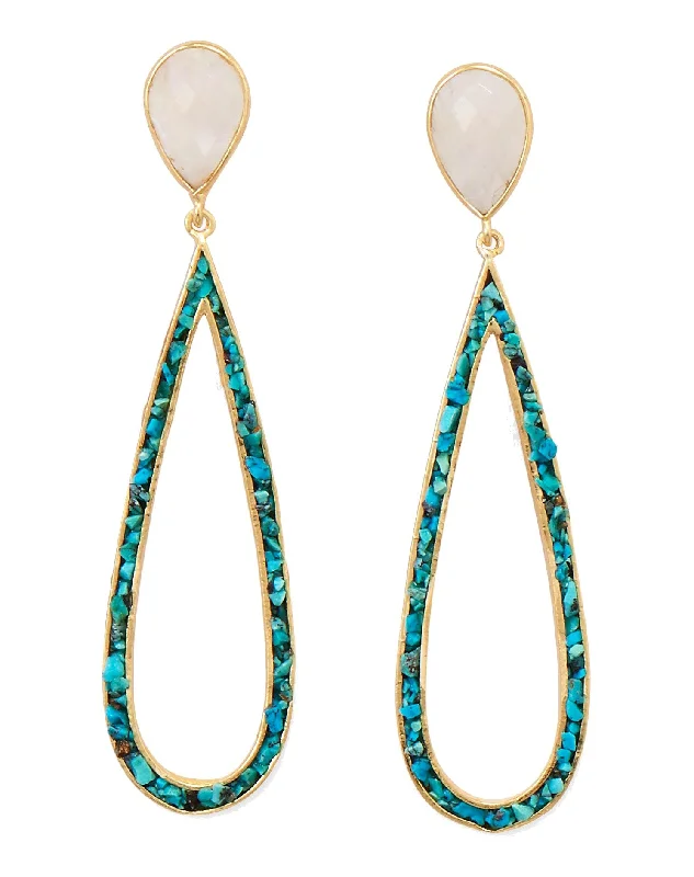 Wrapped gem earrings-Rainbow Moonstone Turquoise Chip Teardrop Earrings Gold-plated Sterling Silver