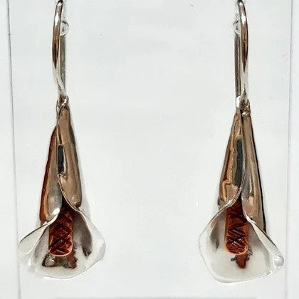 Rustic wood earrings-EARRINGS STERLING SILVER LILY WITH COPPER CENTRE