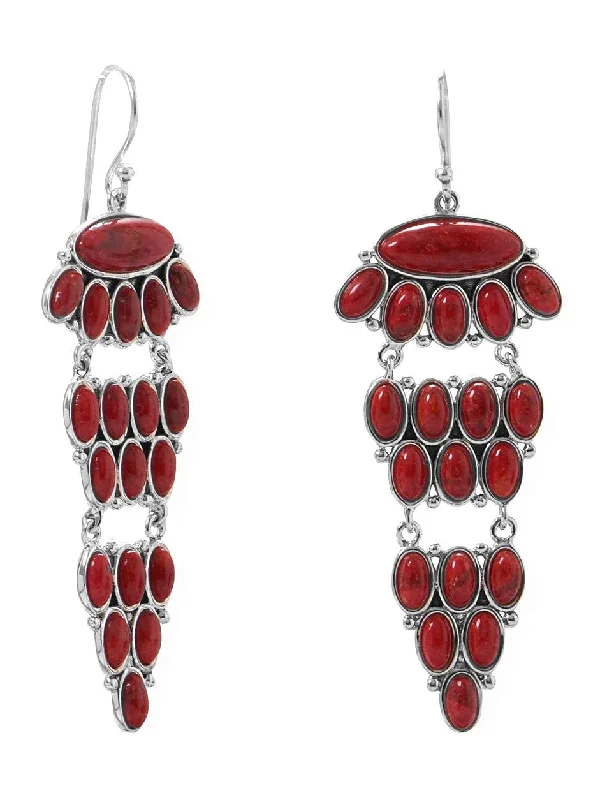 Tile pattern earrings-Dyed Deep Red Coral Chandelier Earrings Tiered with 38 Total Stones