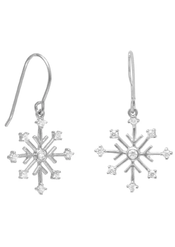 Lightweight dangle earrings-Snowflake Earrings with 9 Icy Cubic Zirconia Rhodium on Sterling Silver