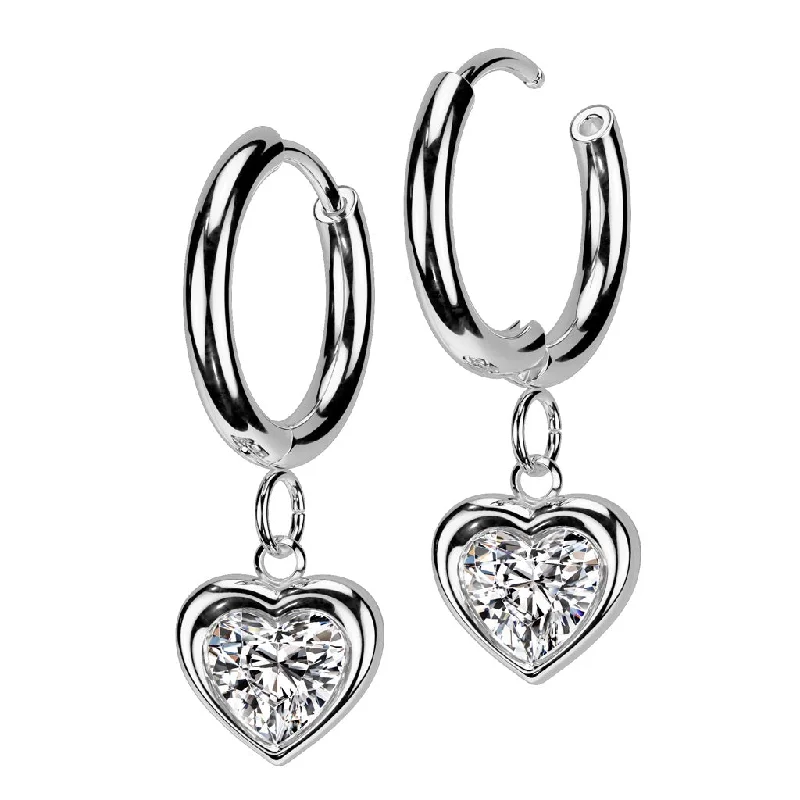 Vintage style earrings-SS316L Hinge Hoop Earrings with Jewelled Heart Dangle (1 pair) - ER12