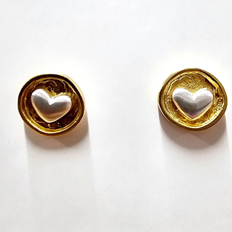 Wooden hoop earrings-EARRINGS GOLD VERMEIL STUDS RAISED SILVER HEARTS