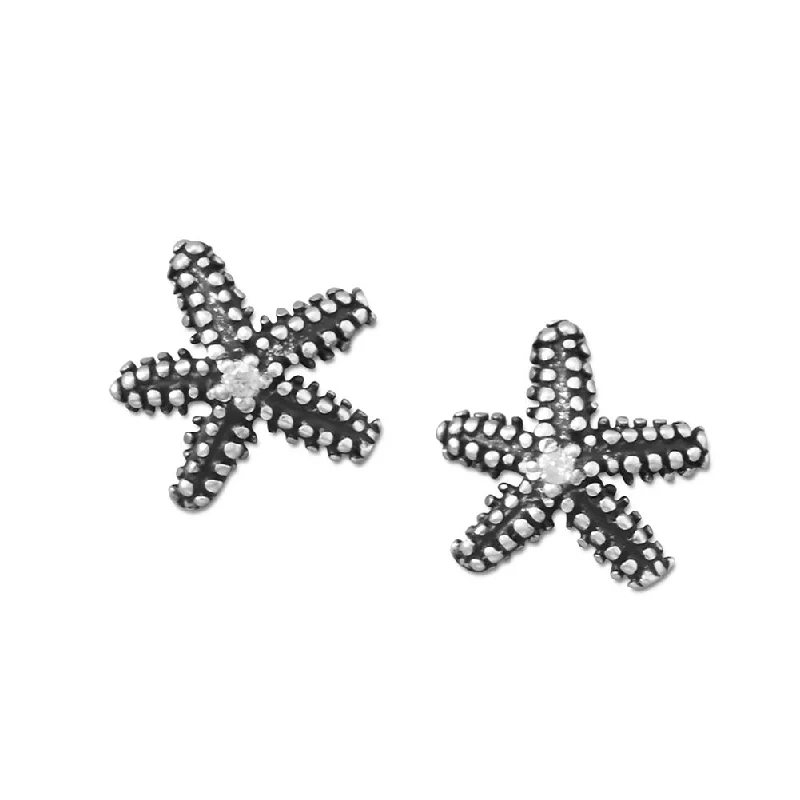 Sleek stud earrings-Starfish Stud Earrings Sterling Silver with Cubic Zirconia Center Antique Finish