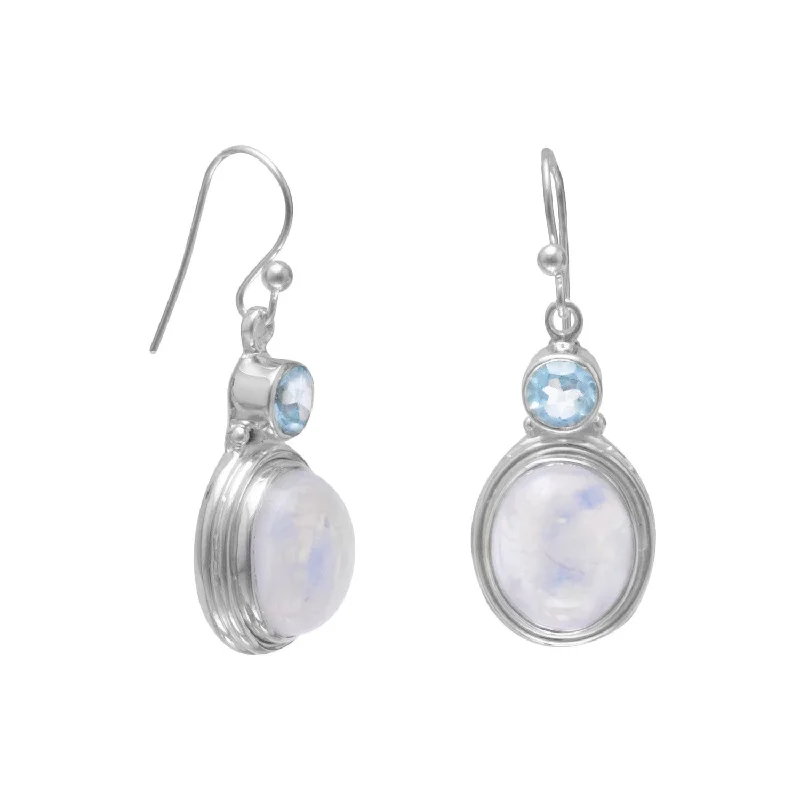 Bold hoop earrings-Rainbow Moonstone Earrings with Blue Topaz Sterling Silver Dangle