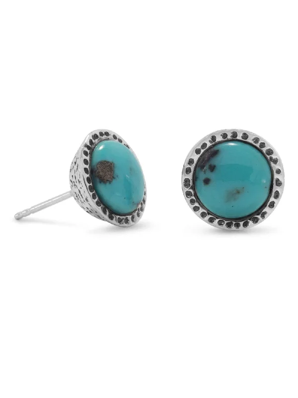 Spiral drop earrings-Round Stabilized Turquoise Post Stud Earrings 11mm Antiqued Sterling Silver