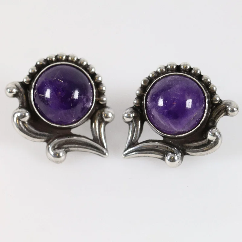 Celestial drop earrings-Vintage Los Castillo Taxco Silver Mexican Jewelry | Floral Handcrafted Amethyst Earrings