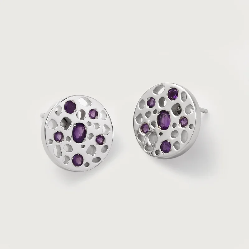 Linear dangle earrings-Lattice Disc Stud Earrings with Amethyst