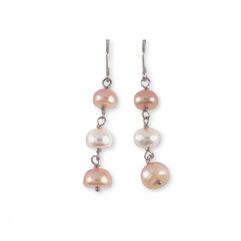 Shell charm earrings-Cultured Freshwater Pearl Earrings White and Pink Dangle