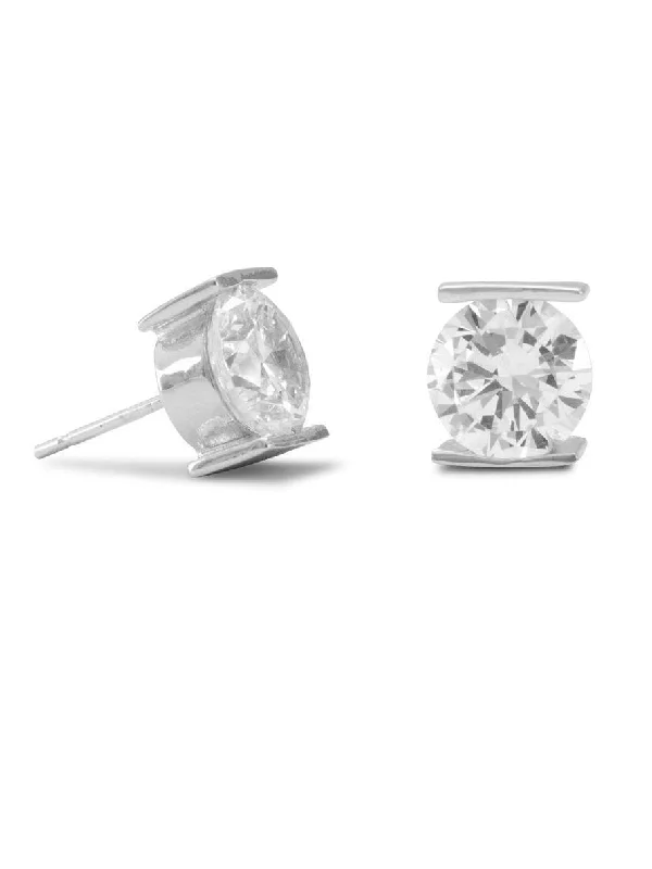 Filigree stud earrings-8mm Cubic Zirconia Stud Post Earrings Tension Set Sterling Silver