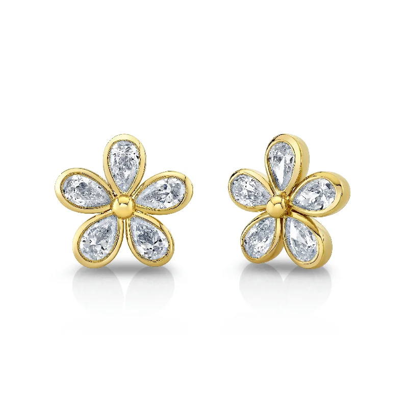 Triangle stud earrings-Bezel-set Pear Shape Diamond Florals