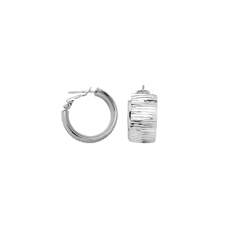 Celestial drop earrings-Wide Hoop Earrings with Lined Tree Bark Texture Rhodium on Sterling Silver