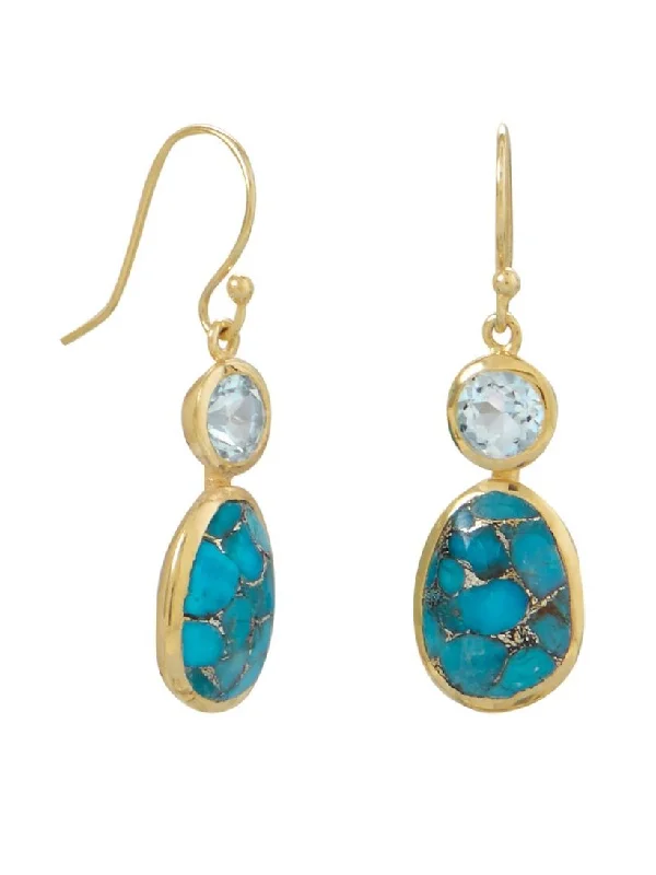 Floral drop earrings-Copper Infused Turquoise and Blue Topaz Earrings Gold-plated Sterling Silver