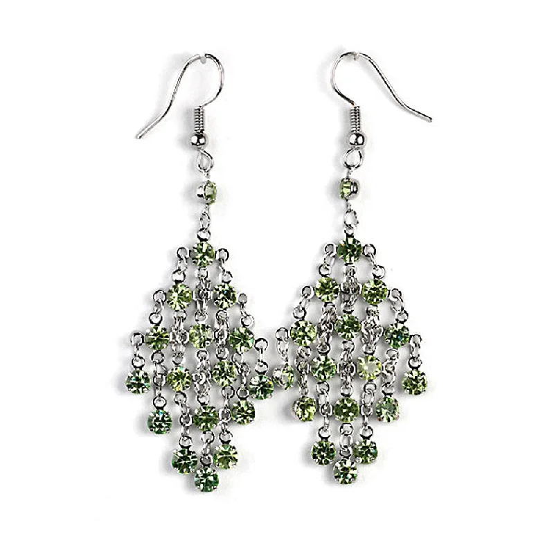 Star motif earrings-Chandelier Green Austrian Crystal Earrings Silvertone