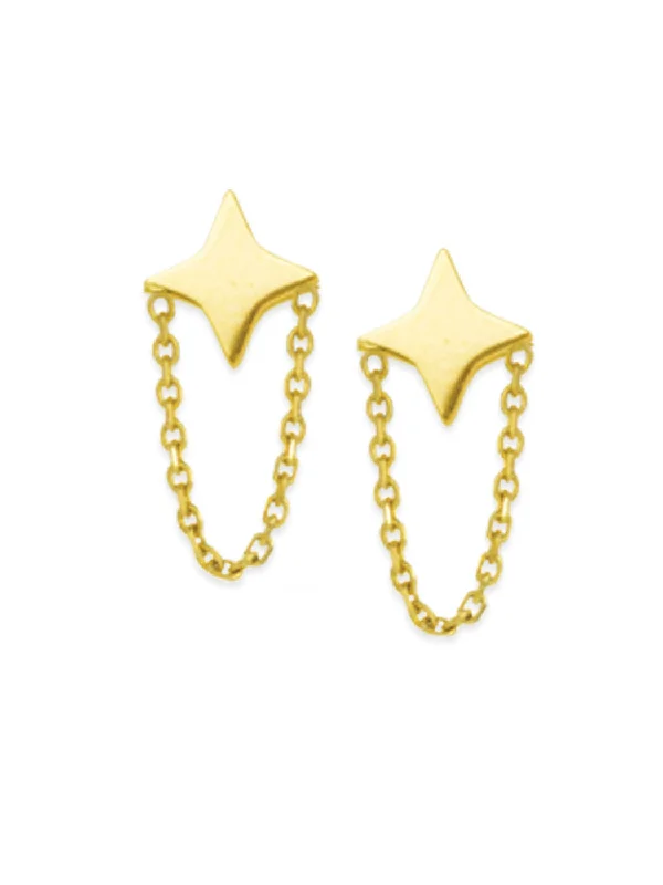 Floral stud earrings-14k Yellow Gold Diamond-shape Star and Chain Drop Stud Earrings