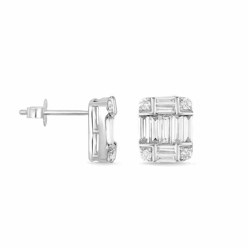 Drop crystal earrings-Diamond Baguette Illusion Stud Earrings 18k