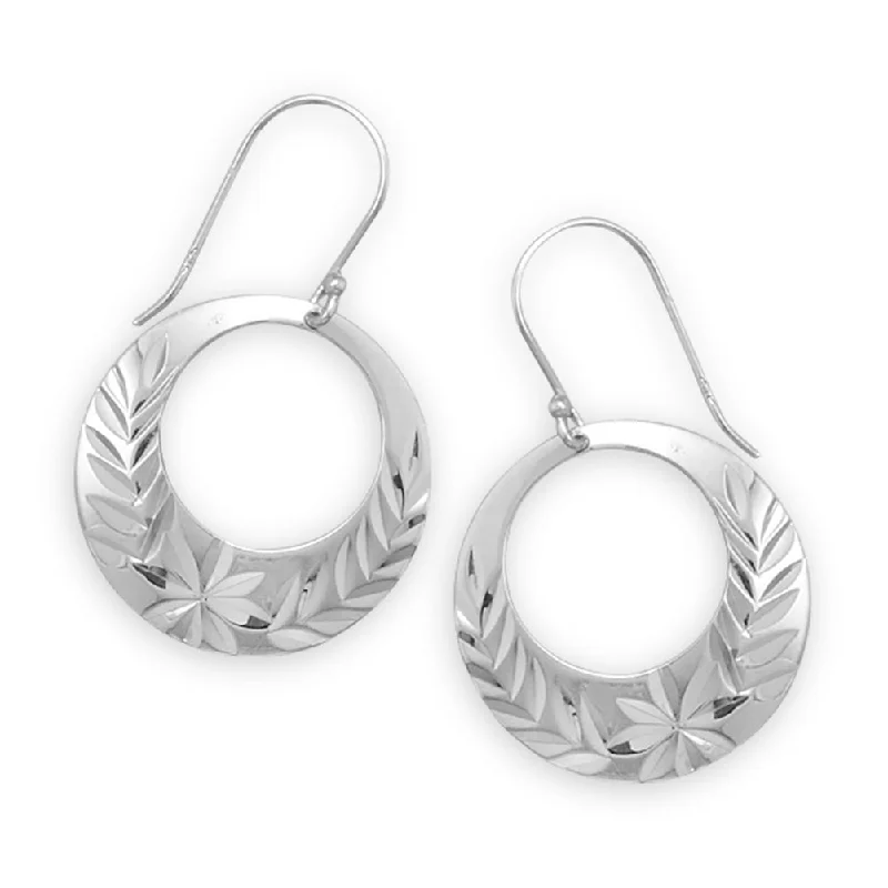 Sculpted hoop earrings-Doughnut Circle Hoop Dangle Earrings with Diamond-cut Flower and Leaf Design Sterling Silver