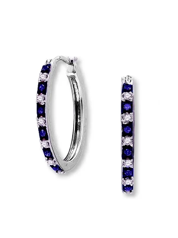 Floral stud earrings-Blue and White Diamond Hoop Earrings 1/4 ctw Rhodium on Sterling Silver