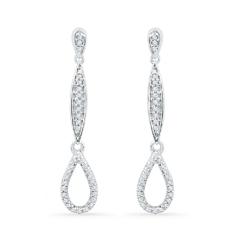 Drop crystal earrings-10k White Gold  Round Diamond Slender Teardrop Dangle Earrings 1/5 ctw