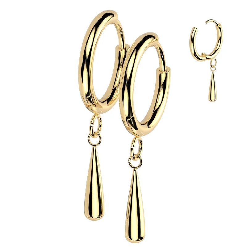 Gold stud earrings-Titanium Gold Hinged Hoop Earrings with Teardrop Dangle (1 pair) - TI-186A