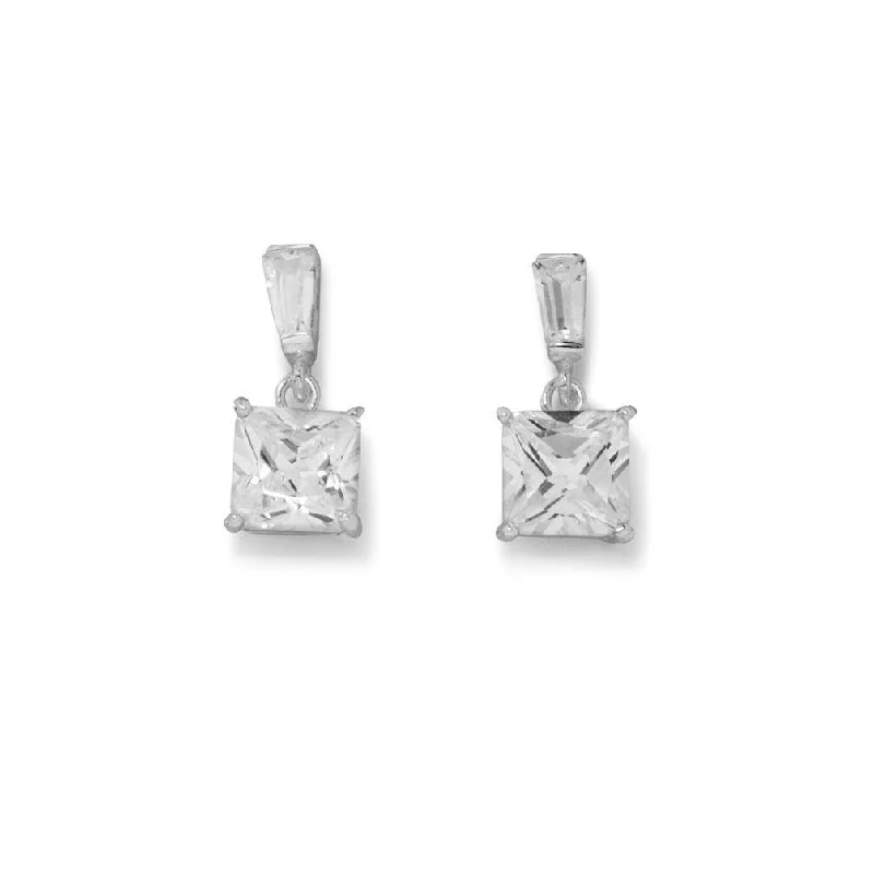 Antique silver earrings-Square 7mm and Baguette Cubic Zirconia Sterling Silver Dangle Earrings