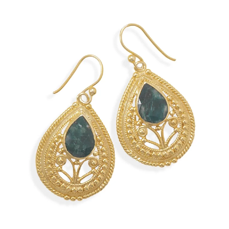 Aged gold earrings-Dyed Green Beryl Gold-plated Earrings with Bead Filigree