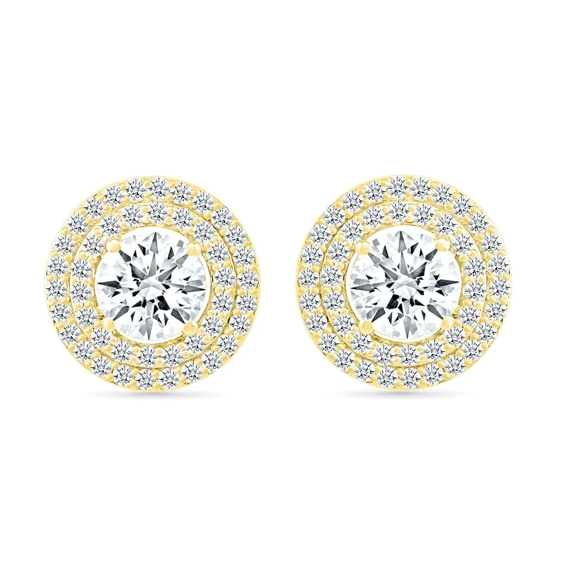 Shell charm earrings-Round White Sapphire Studs with Double Halo