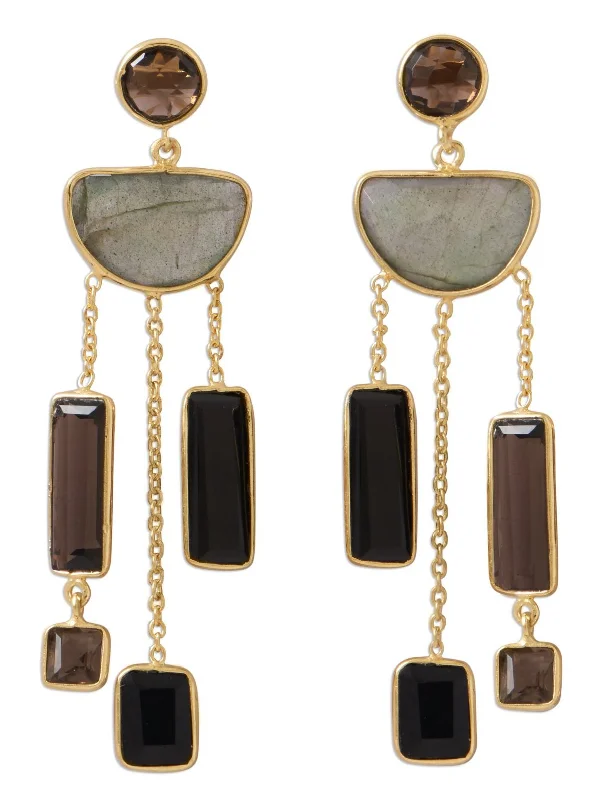 Fringe bead earrings-Labradorite Smoky Quartz Black Onyx Chandelier Earrings Gold-plated Sterling Silver