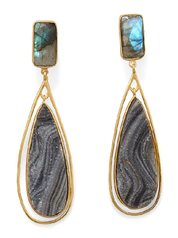 Lunar drop earrings-Desert Druzy Labradorite Earrings Teardrop Post Dangle 14k Gold-plated Silver