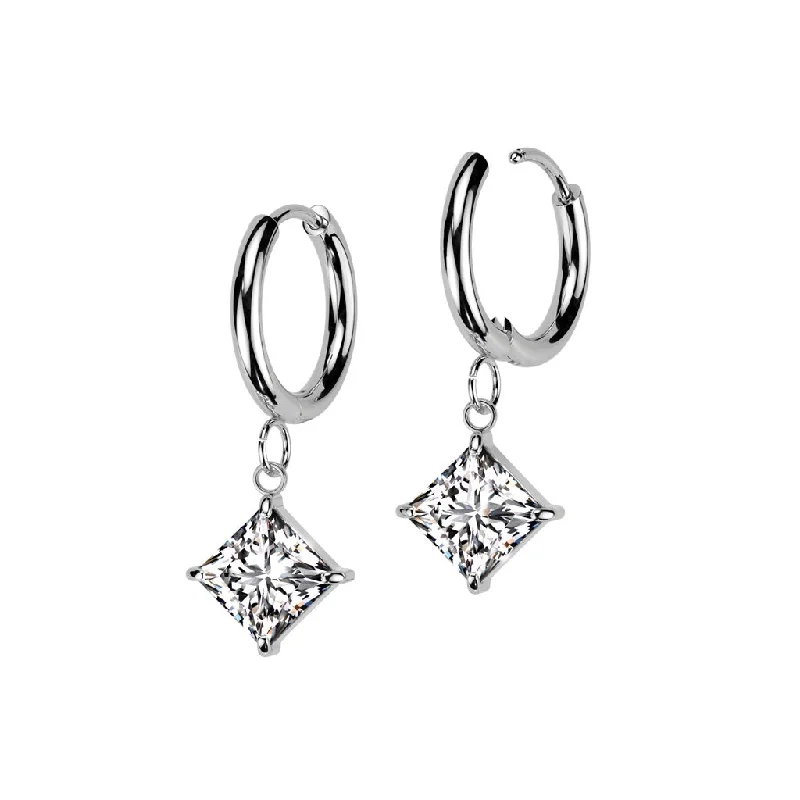 Nautical drop earrings-SS316L Hinge Hoop Earrings with Jewelled Prong Set Diamond Dangle (1 pair) - ER11