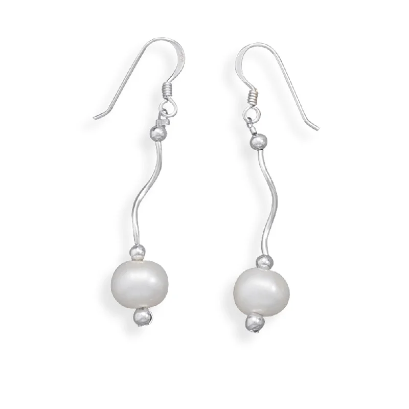 Rainbow gem earrings-White Cultured Freshwater Pearl Earrings with Wave Design Tube Sterling Silver