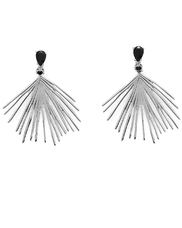 Heart charm earrings-Nontarnish Sterling Silver Fan Earrings with Black Zirconia