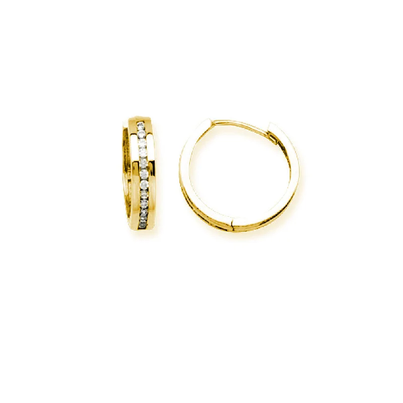 Textured hoop earrings-14K Yellow Gold Polished Huggie Hoop Earrings 12mm with Cubic Zirconia