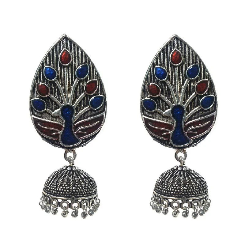 Threader style earrings-Silver Oxidized with Jhumka earrings a  unique touch of enamelled work