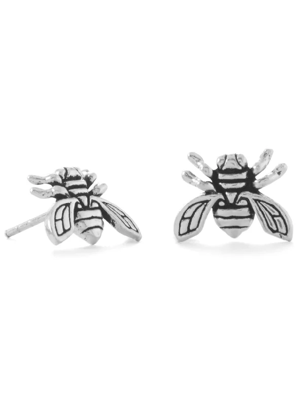 Geometric hoop earrings-Honey Bumble Bee Stud Earrings Antiqued Sterling Silver