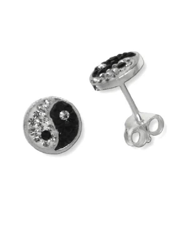 Vintage stud earrings-Yin Yang Post Stud Earrings with Pave Crystals Sterling Silver 8mm Diameter