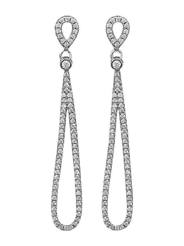 Star motif earrings-Double Cubic Zirconia Pear Dangle Drop Earrings Rhodium on Sterling Silver