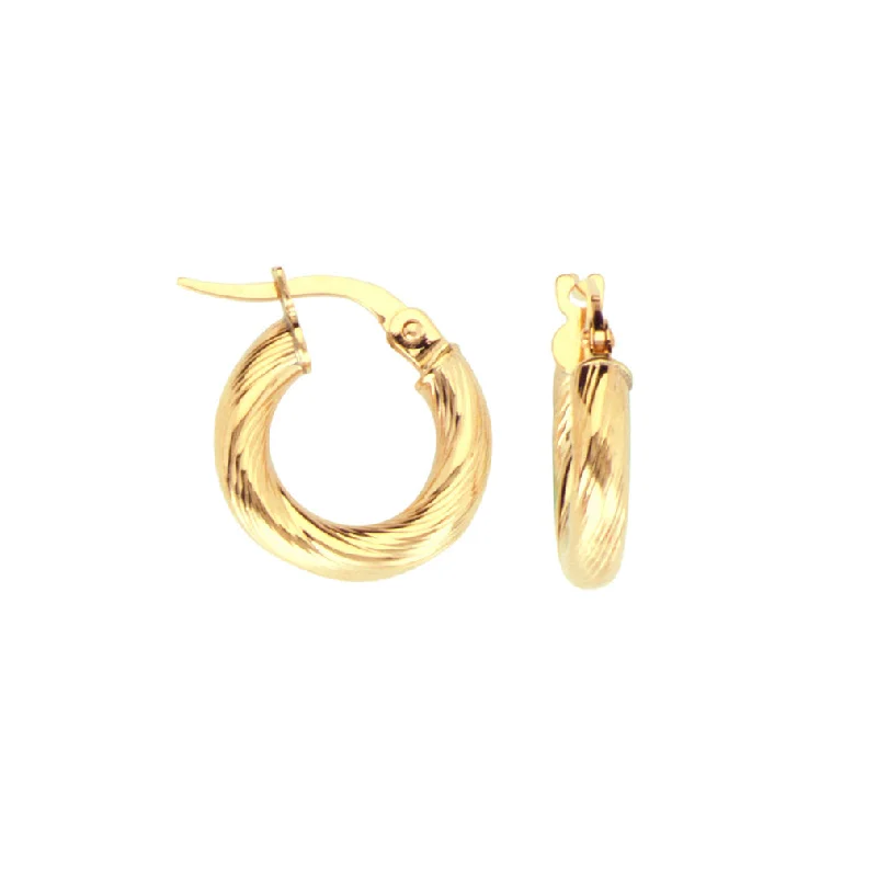 Textured gold earrings-14k Yellow Gold Baby Hoop Earrings with Twist Tube Design 12mm