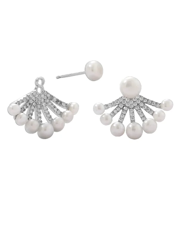 Starburst earrings-Pearl Front Back Earrings with Removable Pearl Studs Rhodium on Sterling Silver