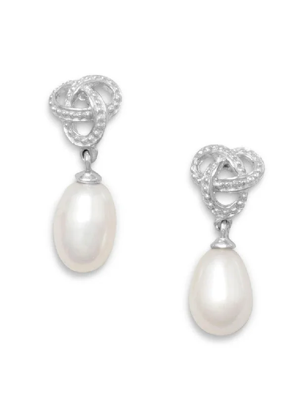 Nautical drop earrings-Love Knot Earrings White Cultured Freshwater Pearl Drop Rhodium Sterling Silver