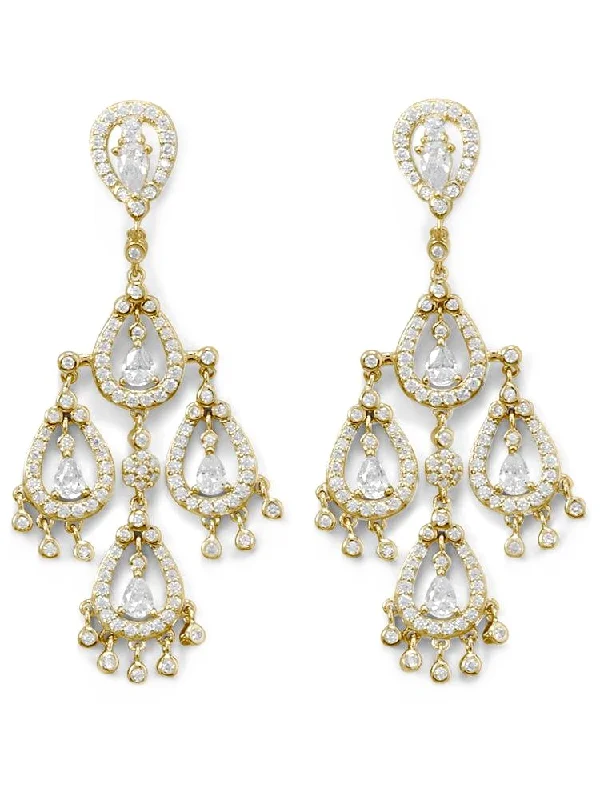 Wrapped gem earrings-Cubic Zirconia Pear Shapes Chandelier Earrings Gold-plated Sterling Silver