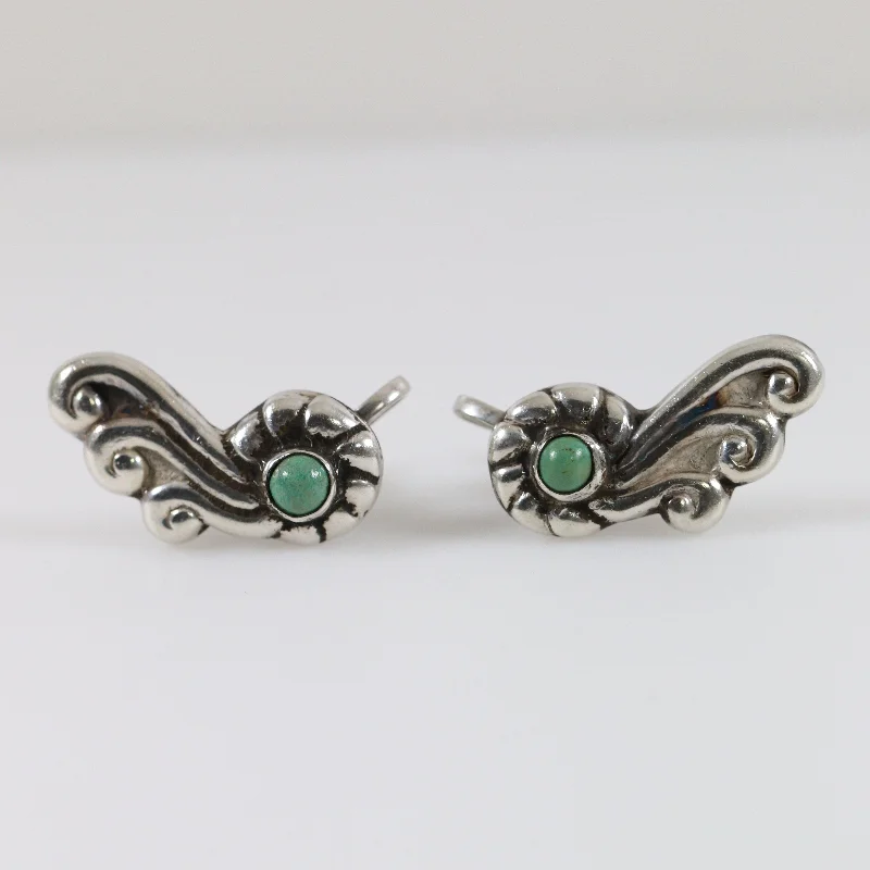 Wing charm earrings-Vintage Silver Mexican Jewelry | Turquoise Winged Screwback Earrings