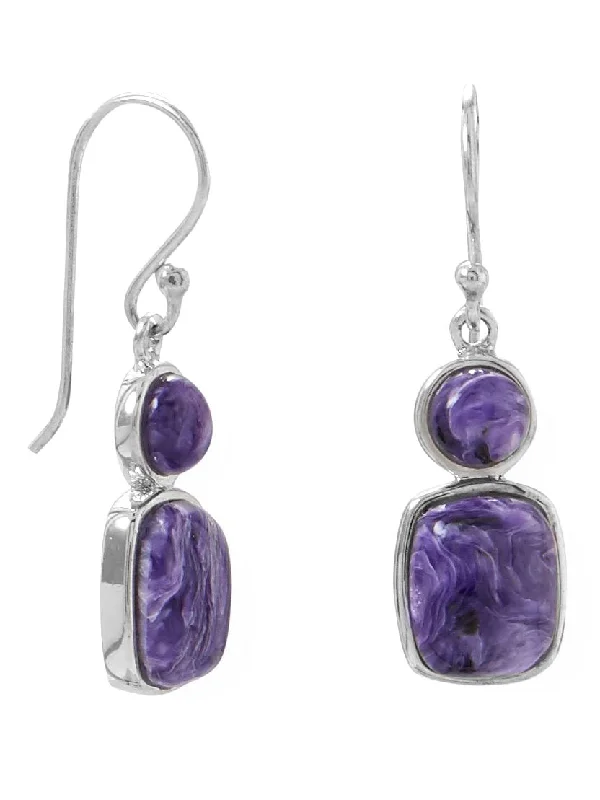 Sculpted hoop earrings-Sterling Silver Purple Charoite Earrings Double Stone Grape Swirl