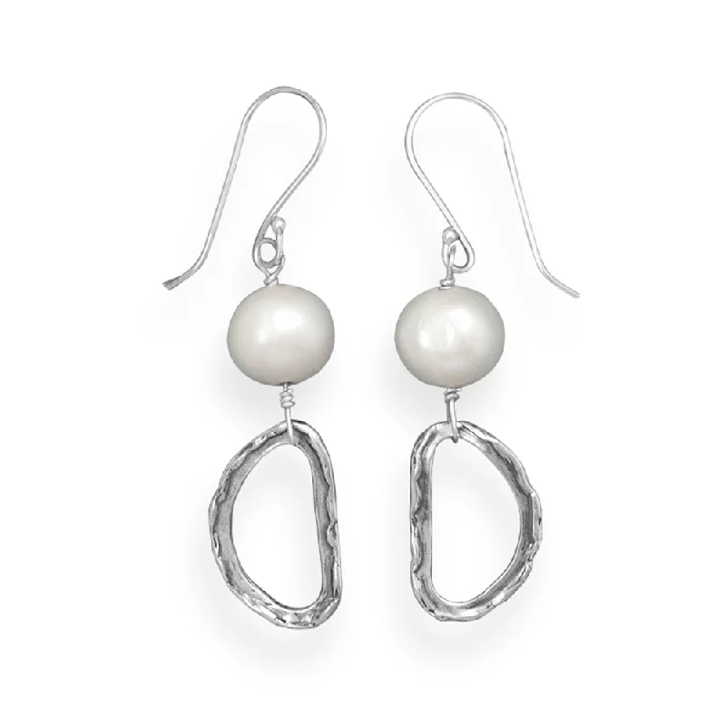 Swarovski earrings-Cultured Freshwater Pearl Earrings with Antiqued Hammered Drop Sterling Silver