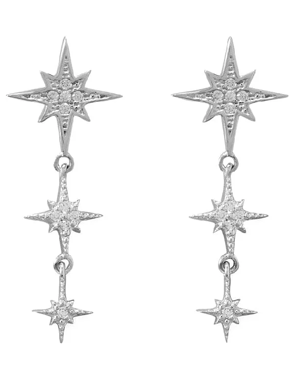 Hexagon hoop earrings-Cubic Zirconia Dangle Triple Star Earrings Rhodium on Sterling Silver